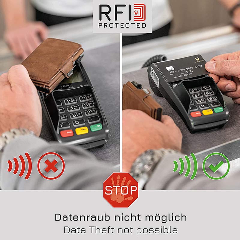 Minimalistische Geldbörse aus echtem Leder, dreifach faltbar, Pop-Up-Kartenhalter mit RFID-Blockierung