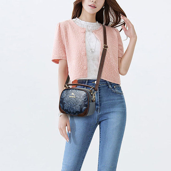 Handtasche mit Blumenprägung für Damen, Umhängetasche mit zwei Fächern