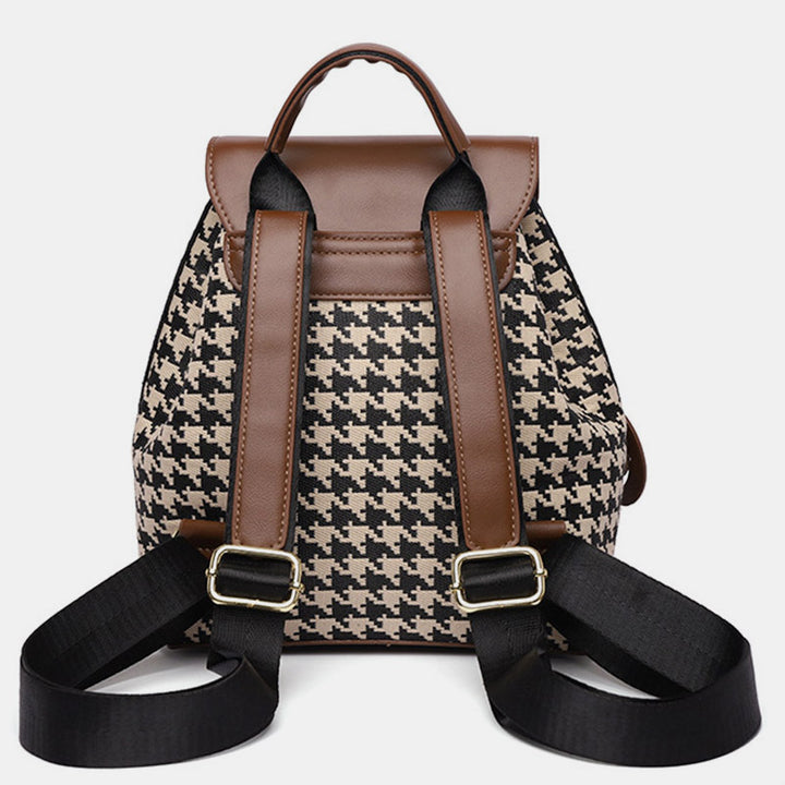 Damen Mini-Rucksack Geldbörse Hahnentrittmuster Klappe Tagesrucksack Leder Schultertasche
