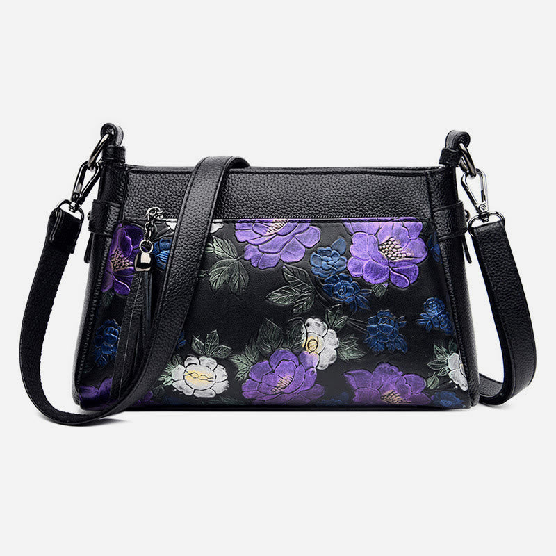 Umhängetasche mit Blumenmuster für Damen, Geldbörse mit Quaste und Libellen-Print