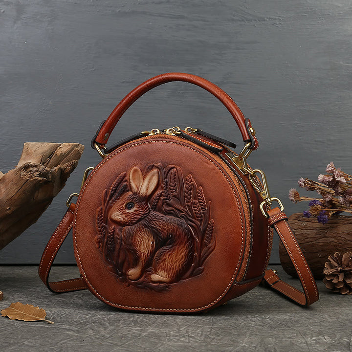 Retro Hase Prägung Handtasche Folk Custom Crossbody Leder Geldbörse