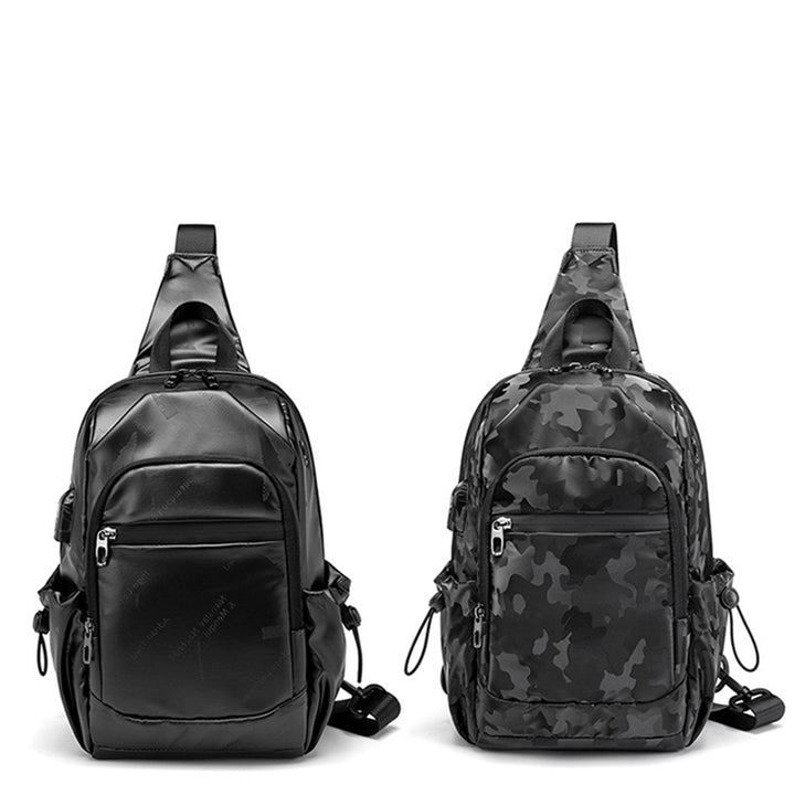 Kleine schwarze Sling-Umhängetasche für Damen und Herren, Tagesrucksack mit USB-Ladegerät