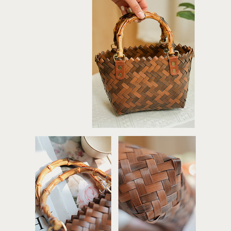 Strohtasche für Damen, Handtasche mit Retro-Bambusmuster