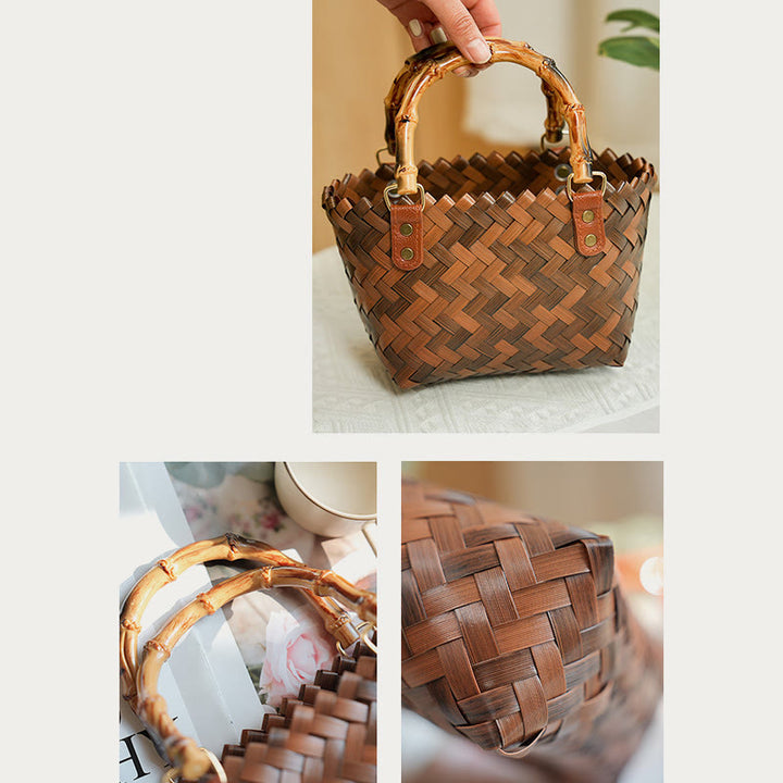 Strohtasche für Damen, Handtasche mit Retro-Bambusmuster