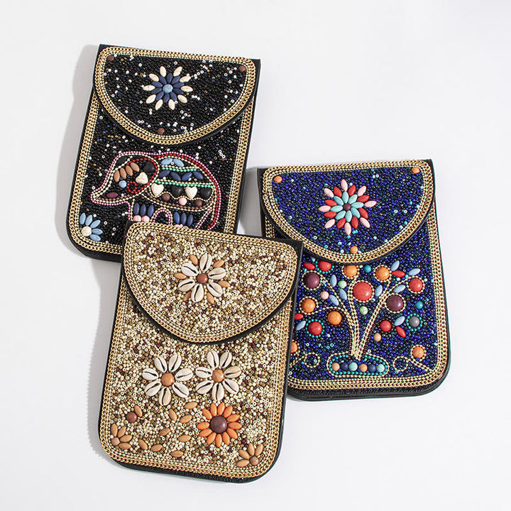 Bohemian Handytasche Damen Muschel Blumen Muster Magnetische Umhängetasche