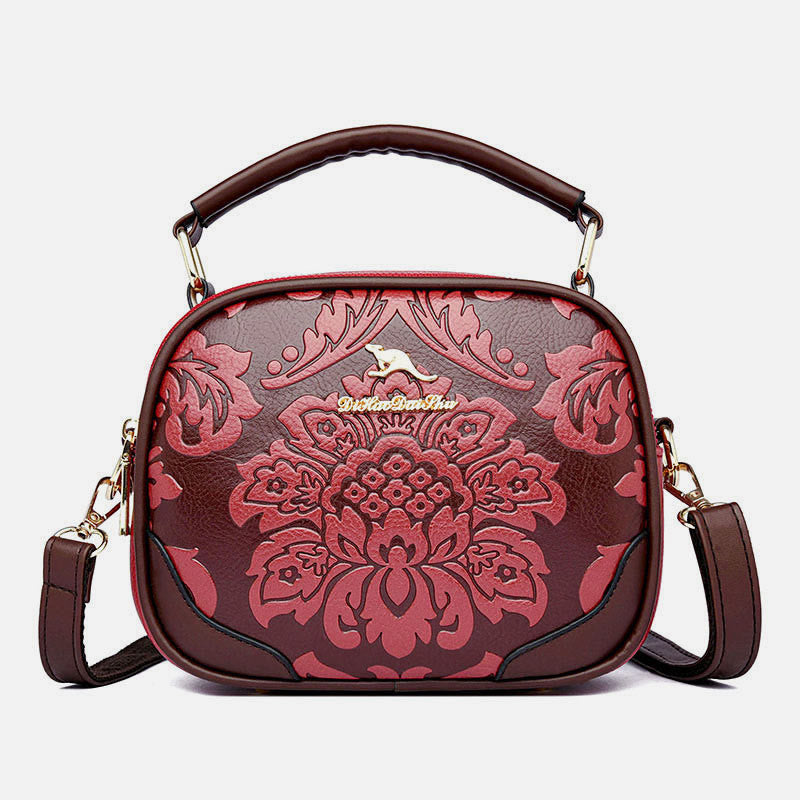 Handtasche mit Blumenprägung für Damen, Umhängetasche mit zwei Fächern