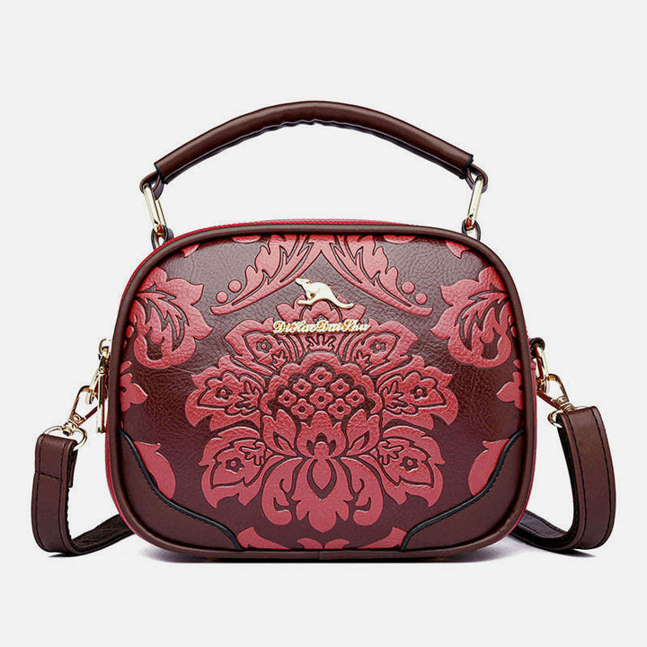 Handtasche mit Blumenprägung für Damen, Umhängetasche mit zwei Fächern