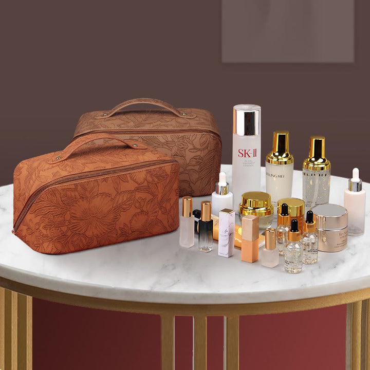 Kosmetiktasche für Damen, Reisetasche aus PU-Leder mit Vintage-Druck