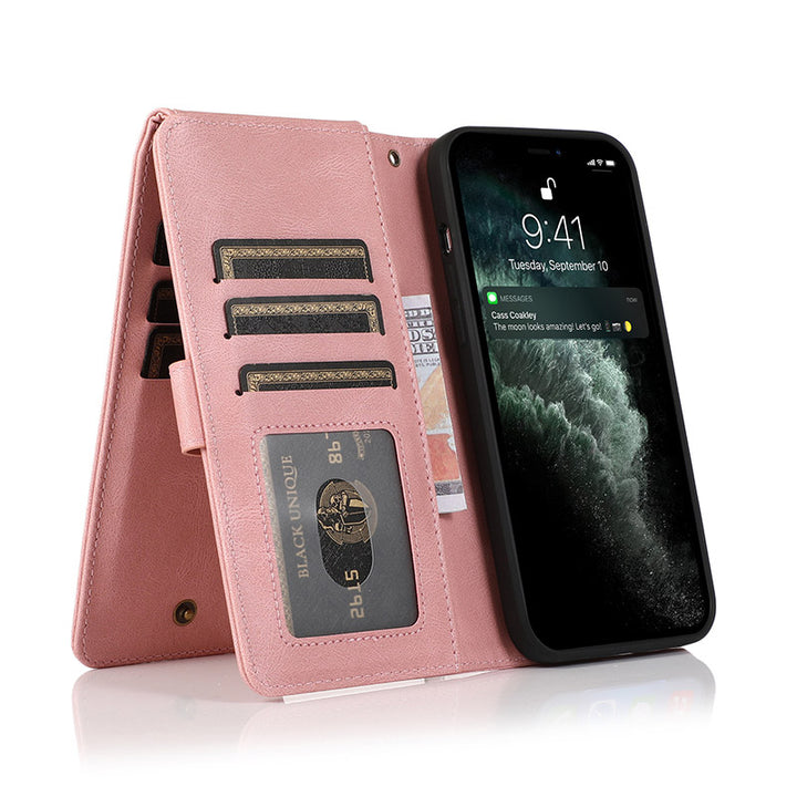 Brieftaschenetui für iPhone Samsung, langlebiges Flip-Lanyard-Gurt-Armband, Reißverschluss, Kartenhalter