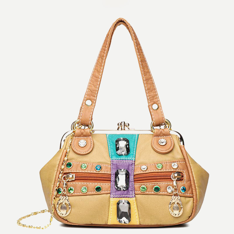 Retro Doppellagige Kiss-Lock Schulterhandtasche Party Abendtasche mit Umhängekette