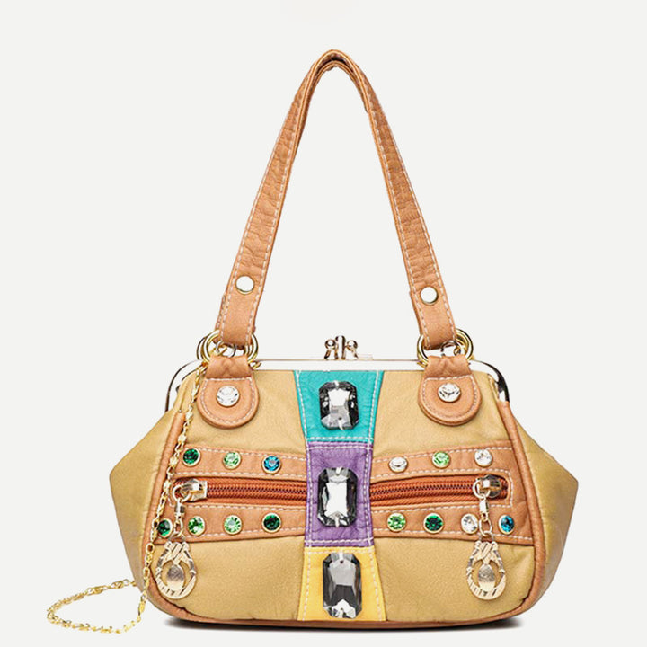 Retro Doppellagige Kiss-Lock Schulterhandtasche Party Abendtasche mit Umhängekette
