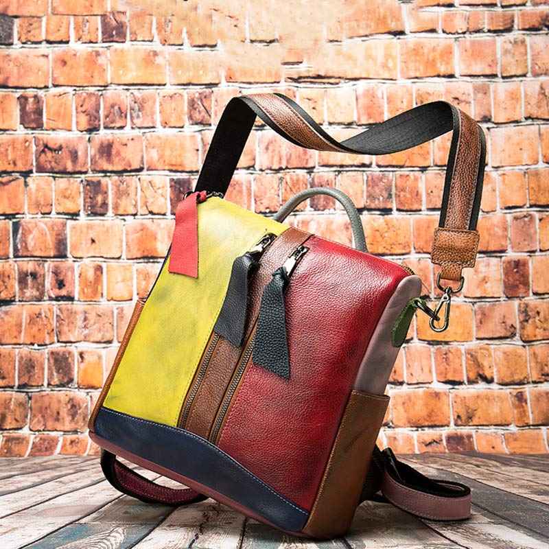Damen Rucksack Handtasche Cabrio Schultertasche Echtleder Colorblock Casual Daypack