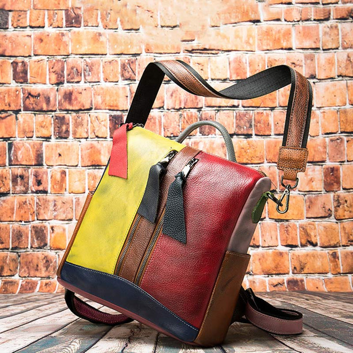 Damen Rucksack Handtasche Cabrio Schultertasche Echtleder Colorblock Casual Daypack