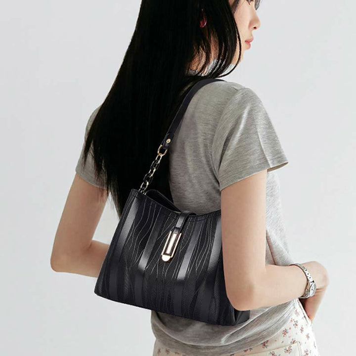 Handtasche mit Streifenmuster für Damen, groß, veganes Leder, Umhängetasche