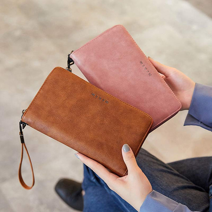 RFID-blockierende Geldbörse für Damen mit Rundum-Reißverschluss, große, lange Clutch mit Handgelenksriemen