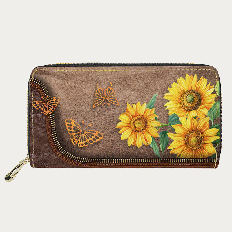 Damen-Geldbörse aus PU-Leder mit Schmetterlings- und Sonnenblumen-Muster, lange Geldbörse
