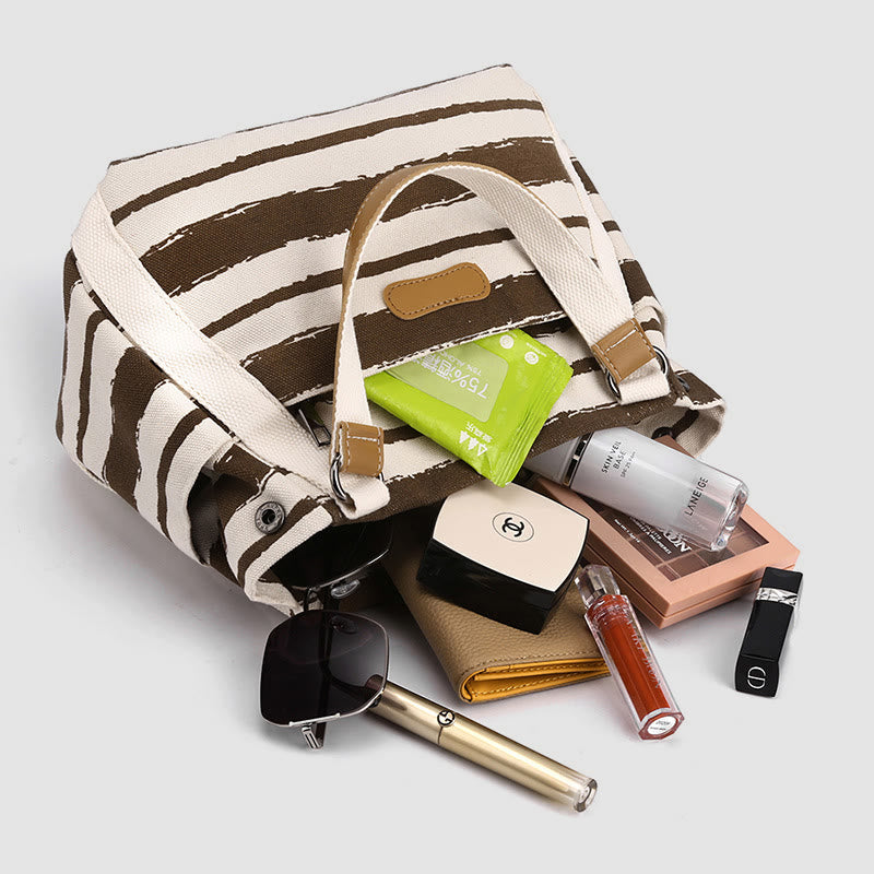 Lässige Einkaufstasche für Damen, gestreifte Canvas-Tasche für den täglichen Gebrauch