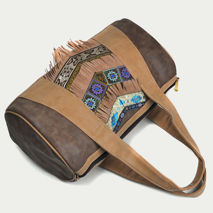 Tote für Damen im ethnischen Stil, PU-Leder, Quaste, Alltagshandtasche