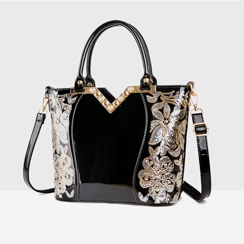 Tragetasche für Damen, bestickte Handtasche aus Lackleder mit Pailletten und Diamanten
