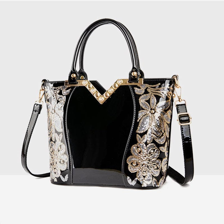 Tragetasche für Damen, bestickte Handtasche aus Lackleder mit Pailletten und Diamanten