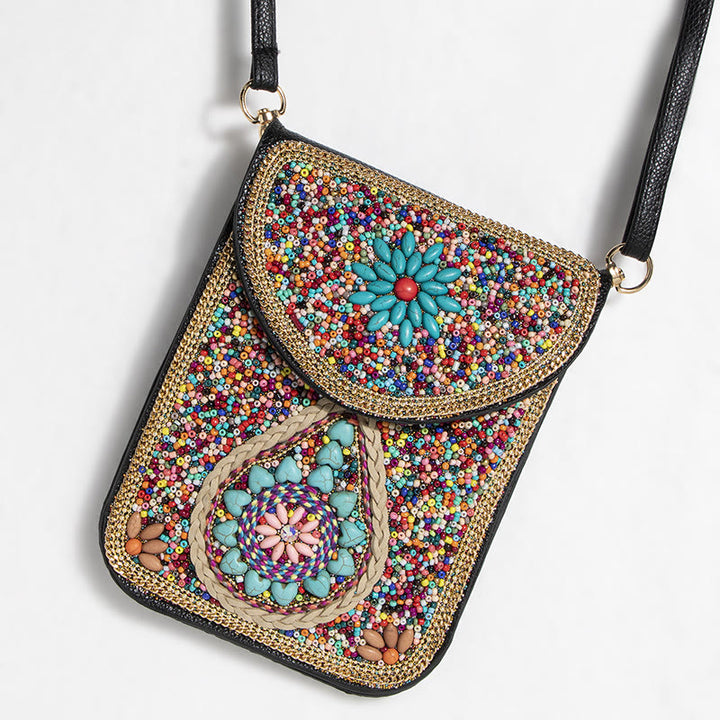 Bohemian Handytasche Damen Muschel Blumen Muster Magnetische Umhängetasche