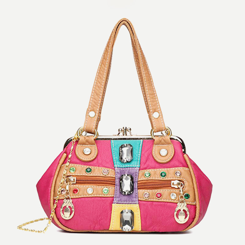 Retro Doppellagige Kiss-Lock Schulterhandtasche Party Abendtasche mit Umhängekette