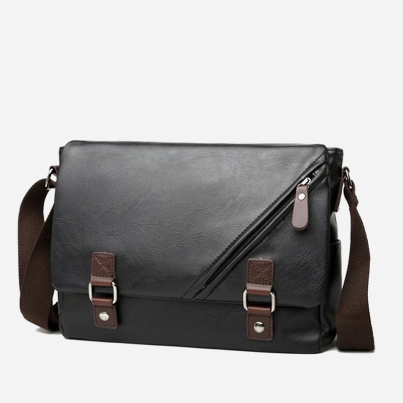 Messenger Bag für Herren, wasserdichte Schultertasche aus PU mit aufgesetzter Klappe