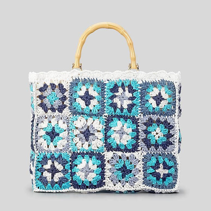 Gestrickte Handtasche mit Blumen-Patchwork-Muster und Bambusgriff