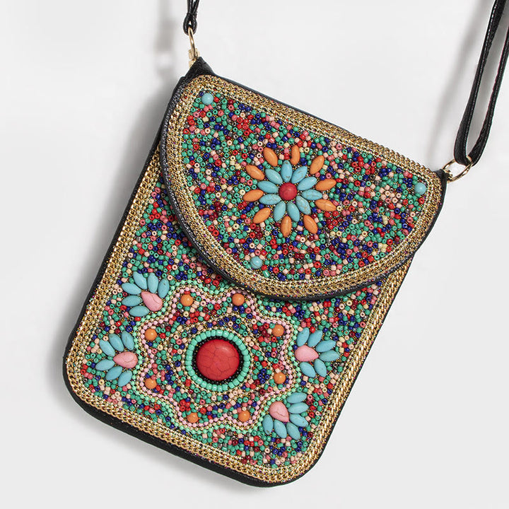 Bohemian Handytasche Damen Muschel Blumen Muster Magnetische Umhängetasche