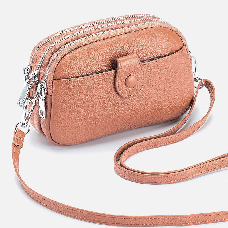 Schultertasche aus echtem Leder mit drei Reißverschlüssen, lässige Umhängetasche für Damen