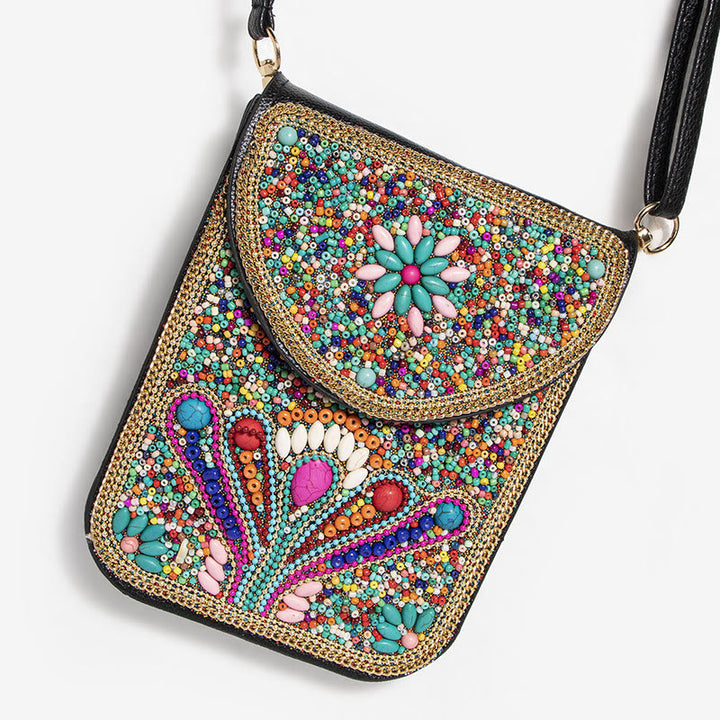 Bohemian Handytasche Damen Muschel Blumen Muster Magnetische Umhängetasche