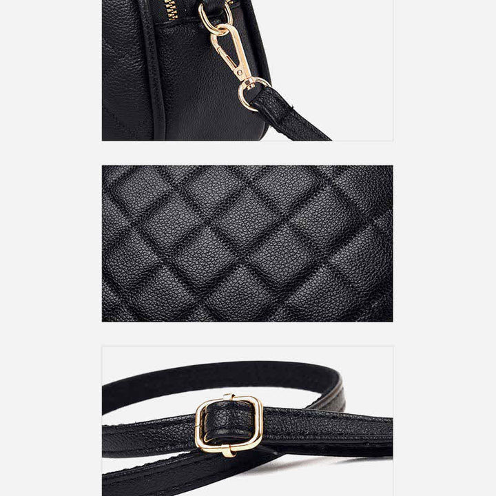 Umhängetasche mit 3 Reißverschlüssen für Damen, gestepptes Kunstleder, kleine Schultertasche