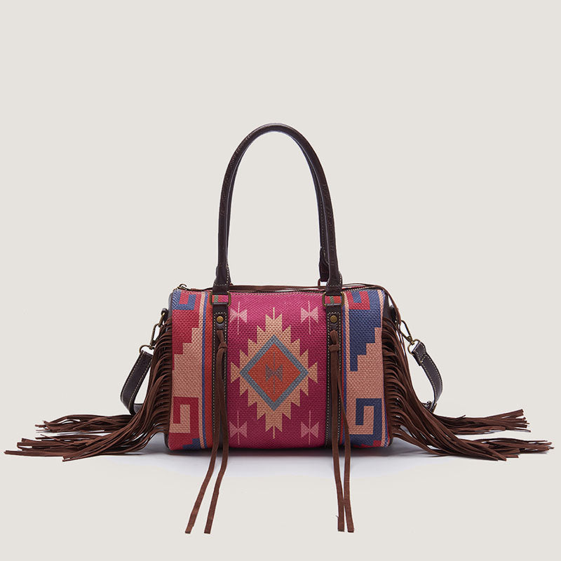 Vintage Handgewebte Boho Tote Tasche mit Quaste und Henkel und Umhängegurt