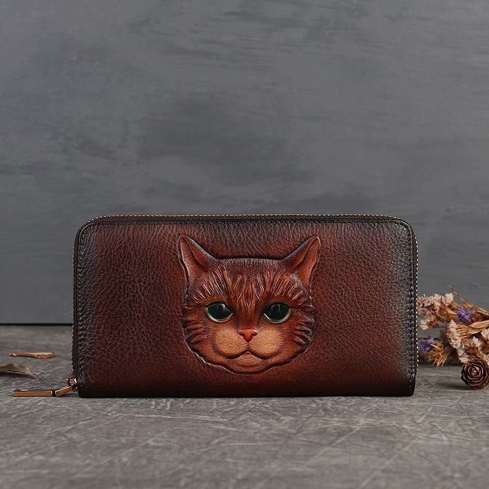Geldbörse aus echtem Leder mit geprägtem Katzenmotiv und mehreren Fächern