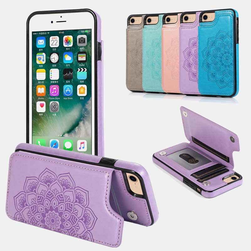 Handyhülle aus Leder mit Brieftaschenformat und Kartenhalter, Sichtfenster, kompatibel mit iPhone und Samsung