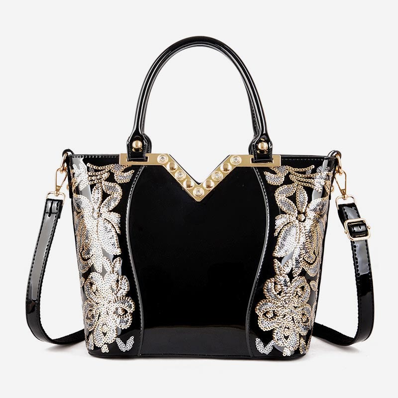 Tragetasche für Damen, bestickte Handtasche aus Lackleder mit Pailletten und Diamanten
