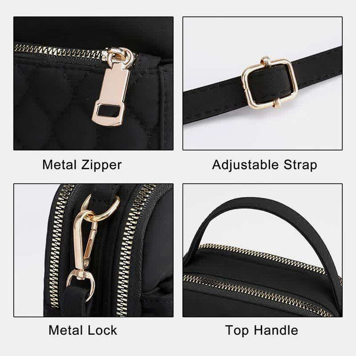 Kleine Umhängetasche für Damen, gesteppte Handtasche mit dreifachem Reißverschluss für Handy