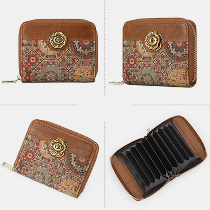 RFID Multi-Slot Echtleder Vintage Druck Kurze Brieftasche Kartenhalter