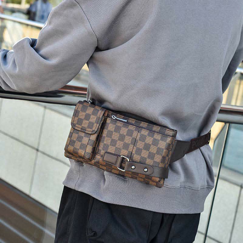 Gürteltasche für Herren, Leder, kariert, Reise-Umhängetasche, Brusttasche