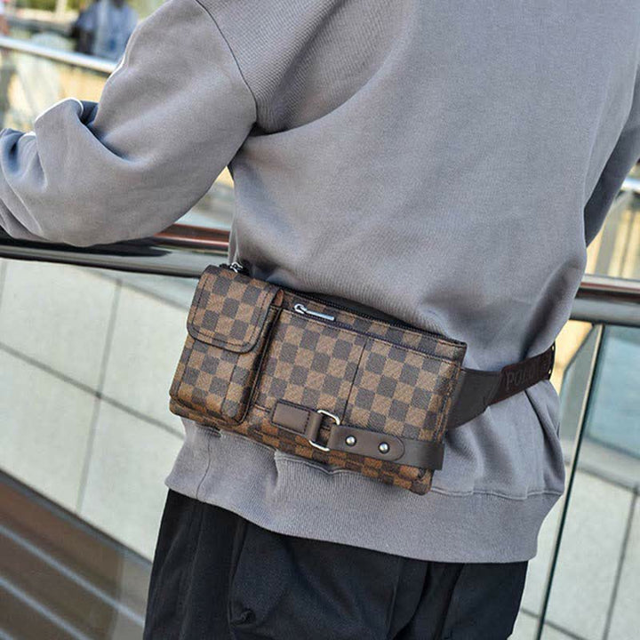 Gürteltasche für Herren, Leder, kariert, Reise-Umhängetasche, Brusttasche