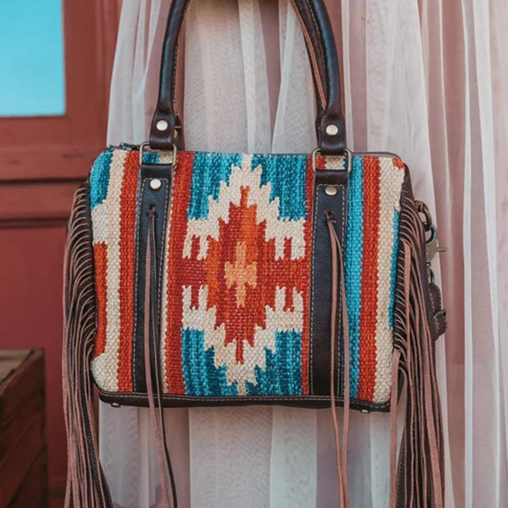 Vintage Handgewebte Boho Tote Tasche mit Quaste und Henkel und Umhängegurt