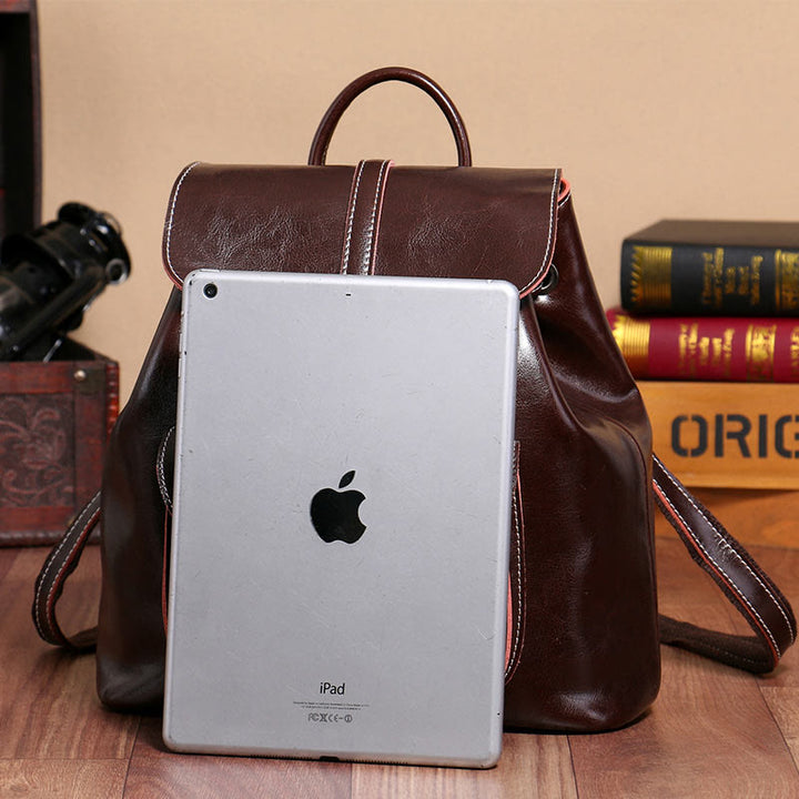 Klassischer Tagesrucksack für Damen, Ausflugsrucksack aus Leder mit Kordelzug