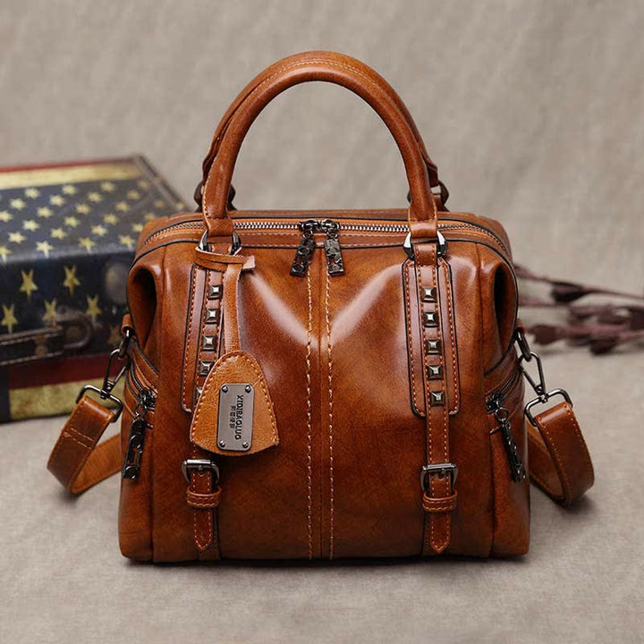 Retro Öl Wachs Leder Nieten Handtasche Tote Satchel Umhängetasche