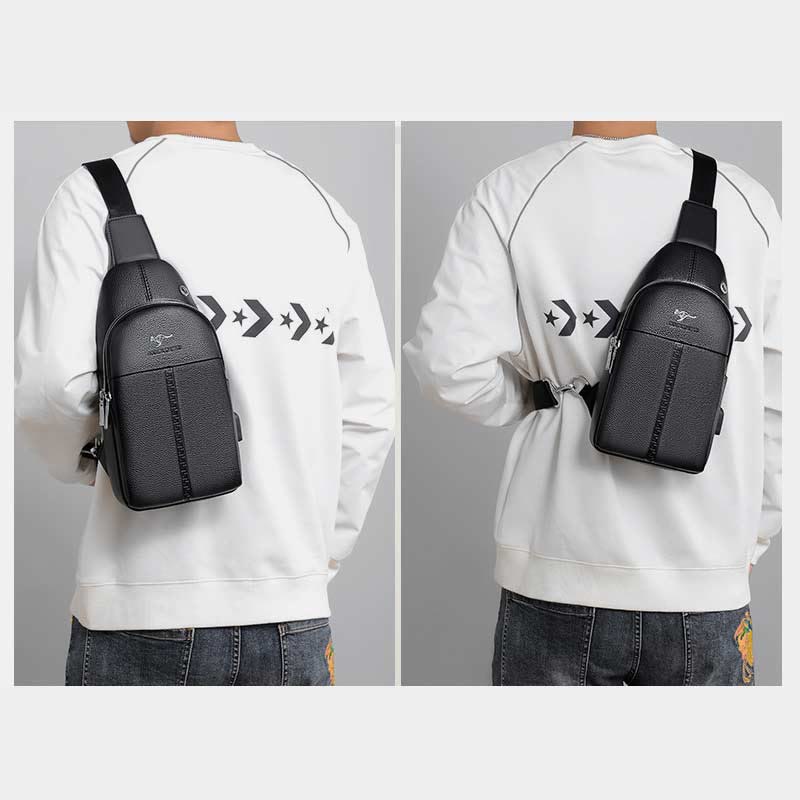 Sling Bag für Herren, schwarzes Leder, lässige Einkaufs-Umhängetasche