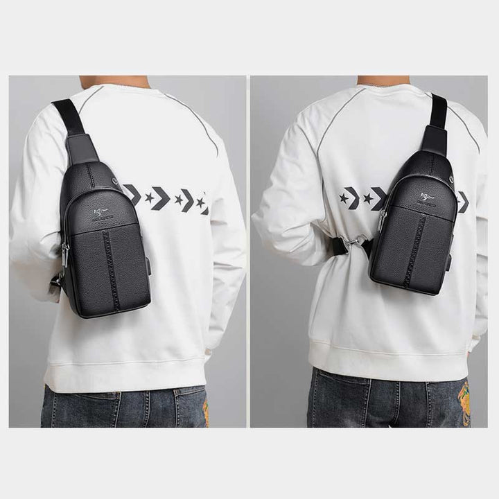 Sling Bag für Herren, schwarzes Leder, lässige Einkaufs-Umhängetasche