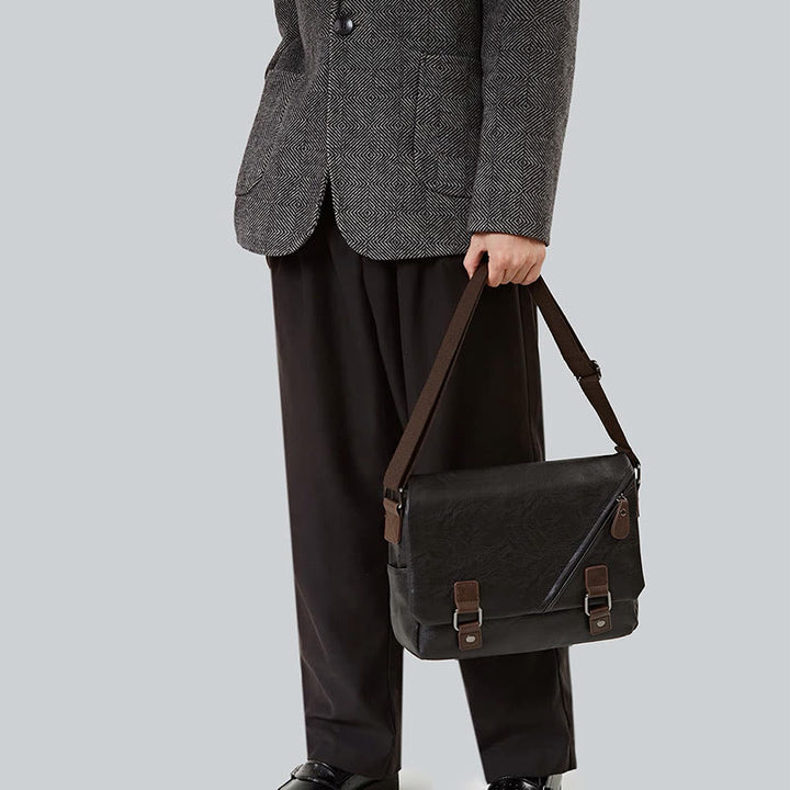 Messenger Bag für Herren, wasserdichte Schultertasche aus PU mit aufgesetzter Klappe