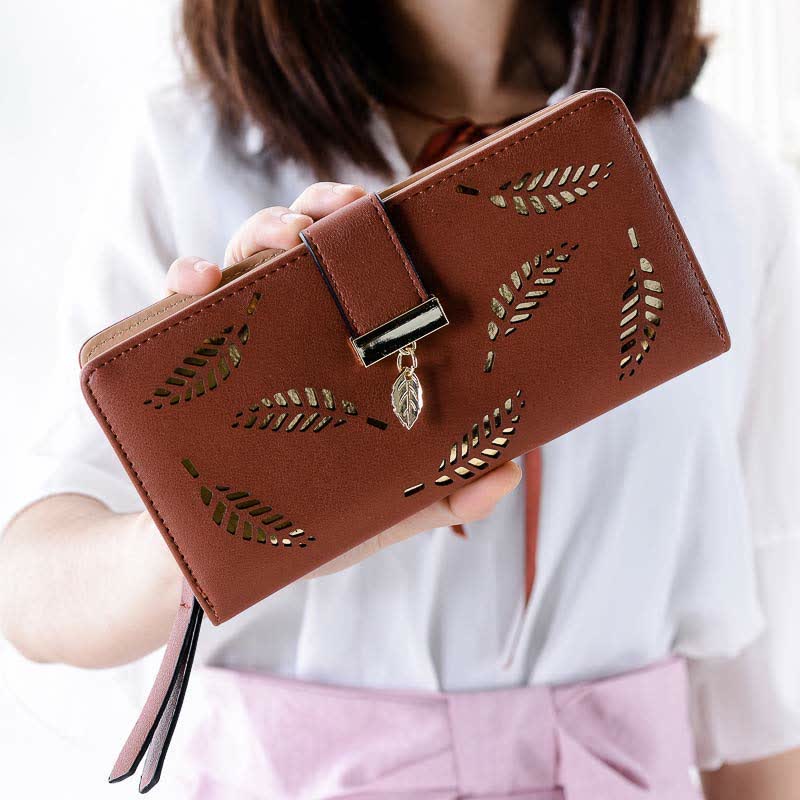 Große Ledergeldbörse für Damen, ausgehöhlt, lang, Clutch