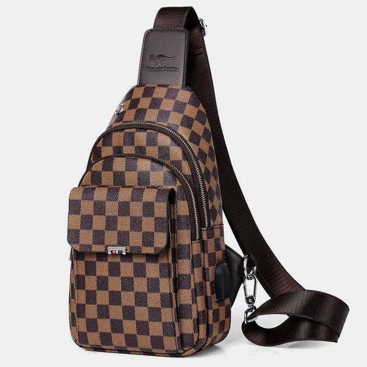 Mehrzweck-Schultertasche aus lässigem, kariertem Leder für Herren, Umhängetasche, Schulterrucksack