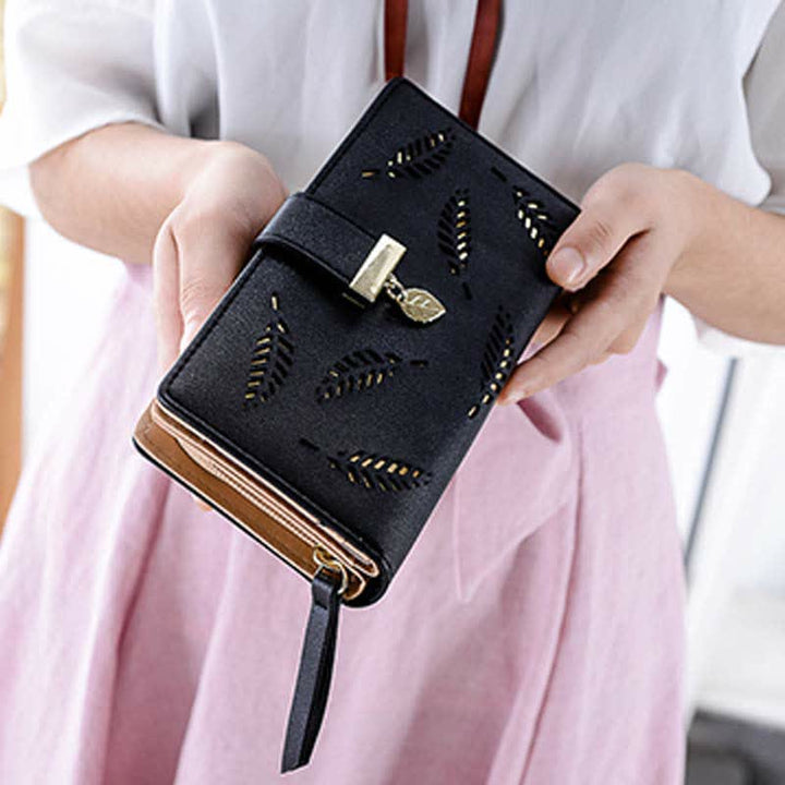 Große Ledergeldbörse für Damen, ausgehöhlt, lang, Clutch