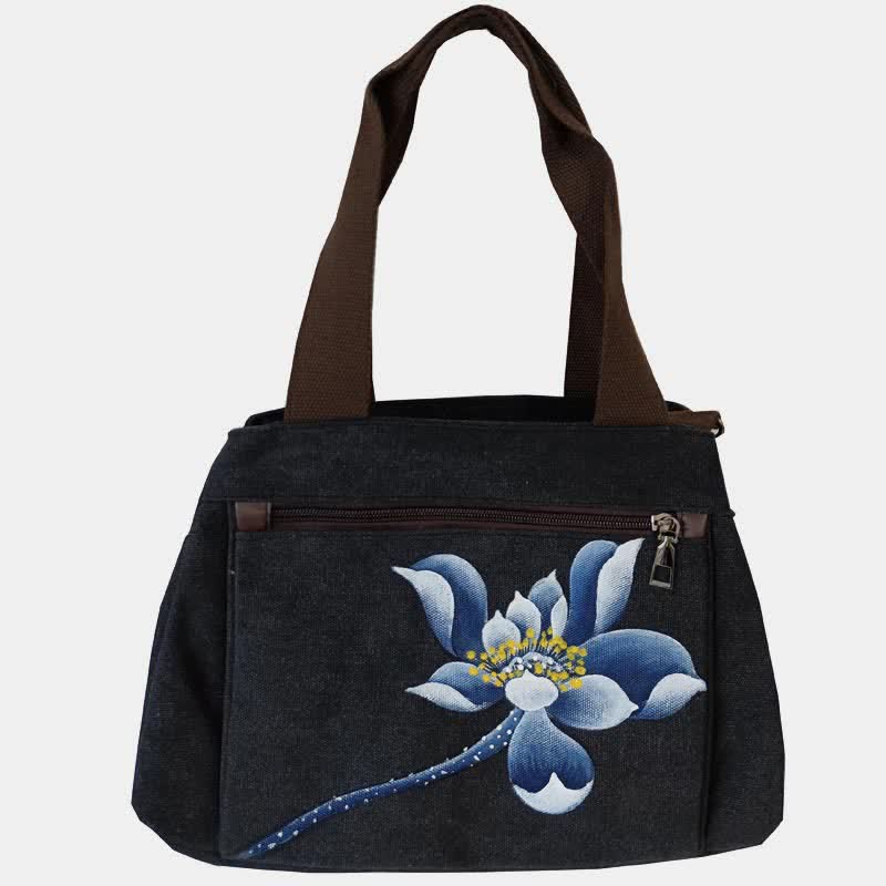 Handtasche aus Segeltuch mit drei Fächern und Blumendruck, Umhängetasche